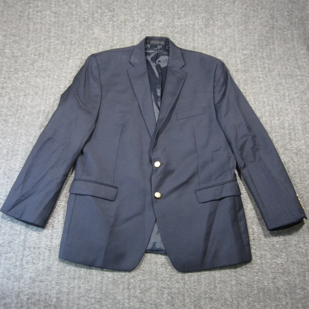 Lauren Ralph‎ Lauren Wool Blazer 44R Navy Gold Two Button Lined Wedding Guest